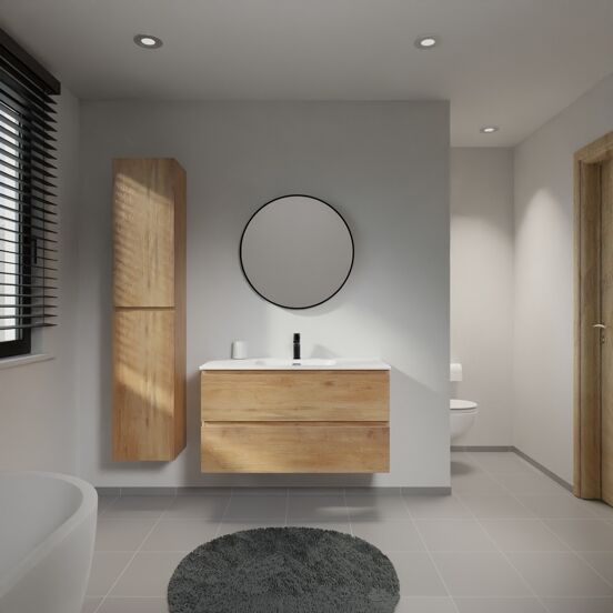Linie Lado meuble salle de bains suspendu 100 x 46 cm chêne naturel avec Baro plan simple en porcelaine blanc mat