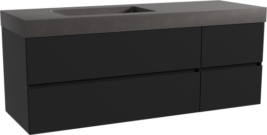 Storke Edge zwevend badmeubel 150 x 52 cm mat zwart met Scuro High asymmetrisch linkse wastafel in kwarts mat zwart