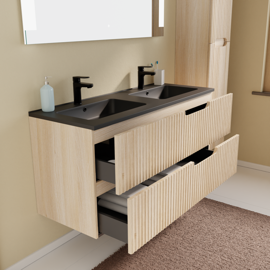 Linie Ribbo meuble salle de bains suspendu 120 x 46 cm chêne clair avec Vano double vasque en marbre composite noir mat, Nervure circulaire symétrique verticale
