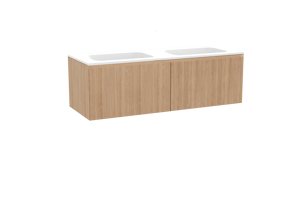 Balmani Fila hängendes Möbelstück Set: 150 x 55 cm, Naturbelassene Eiche, mit Tablo Strada Doppelwaschtisch, Marmorkomposit, Weiß matt, Vertikale symmetrische gerade Rippe