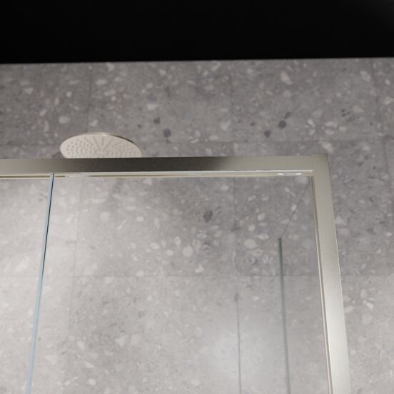 Balmani Senses Design douchehoek met linkse schuifdeur en vaste zijwand, 120 x 90 cm, Helder glas met matte strook, Brushed CoolMetal profielen, met coating