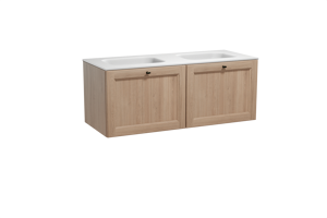 Balmani Lemon zwevend badkamermeubel 135 x 55 cm verweerde eik met Tablo Arcato dubbele wastafel in solid surface mat wit