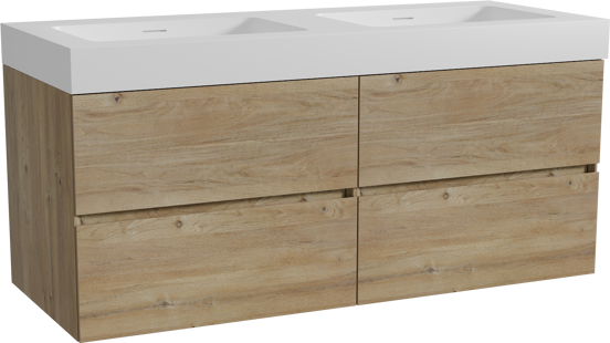 Storke Edge zwevend badmeubel 130 x 52 cm ruw eiken met Mata High dubbele wastafel in solid surface mat wit