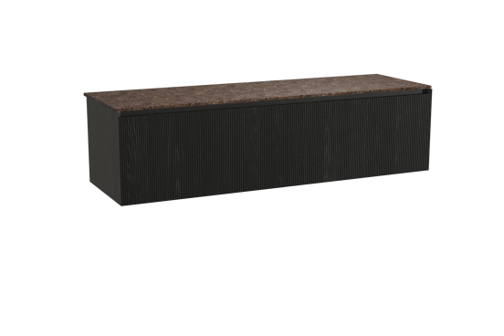 Balmani Fila zwevend badkamermeubel 180 x 55 cm zwarte eik met Stretto enkel of dubbel tablet in marmer dark emperador, Verticale symmetrische rechte ribbel