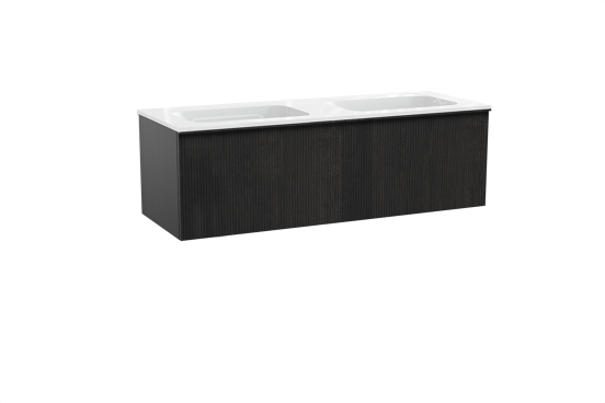 Balmani Forma zwevend badkamermeubel 150 x 55 cm zwarte eik met Tablo Strada dubbele wastafel in composietmarmer glanzend wit, Verticale symmetrische rechte ribbel