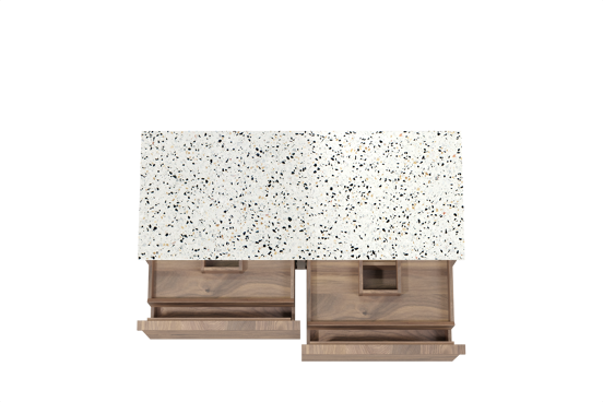 Balmani Forma hängendes Möbelstück Set: 135 x 55 cm, Amerikanischer Nussbaum, mit Stretto Einzel- oder Doppel Waschtischplatte, Terrazzo in Weiß/Schwarz matt, Horizontale symmetrische gerade Rippe