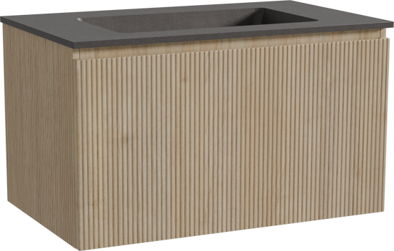 Storke Ribs hängendes Möbelstück Set: 85 x 52 cm, Rohe Eiche, mit Scuro Einzelwaschtisch, Quarz, Schwarz matt, Vertikale symmetrische gerade Rippe