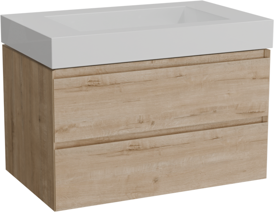 Balmani Mitra hängendes Möbelstück Set: 90 x 55 cm, Rohe Eiche, mit Modus Einzelwaschtisch, Solid Surface Weiß matt
