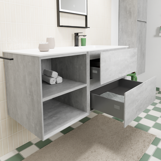 Storke Edge zwevend badmeubel 110 x 52 cm beton donkergrijs met Mata asymmetrisch rechtse wastafel in solid surface mat wit