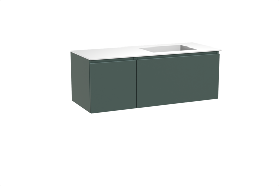 Balmani Sfera meuble salle de bains suspendu 135 x 55 cm forest avec Tablo Stretto vasque asymétrique droite en solid surface blanc mat