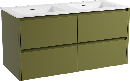 Storke Seda zwevend badmeubel 120 x 52 cm olijfgroen met Mata dubbele wastafel in solid surface mat wit