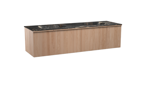 Balmani Forma zwevend badkamermeubel 180 x 55 cm natuur eik met Tablo Arcato dubbele wastafel in marmer portoro gold, Verticale symmetrische rechte ribbel
