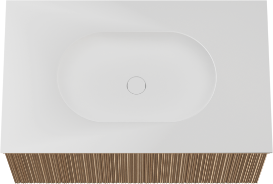 Balmani Forma meuble salle de bains suspendu 90 x 55 cm chêne naturel avec Tablo Oval plan simple en solid surface blanc mat, Nervure circulaire asymétrique verticale