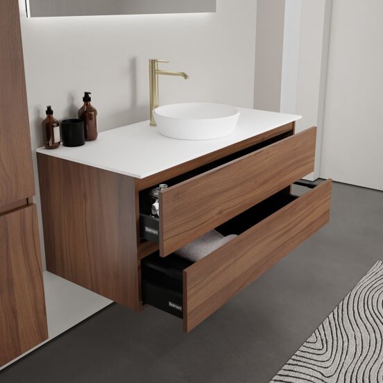 Balmani Lucida meuble salle de bains suspendu 120 x 55 cm noyer américain avec Stretto tablette simple ou double en solid surface blanc mat