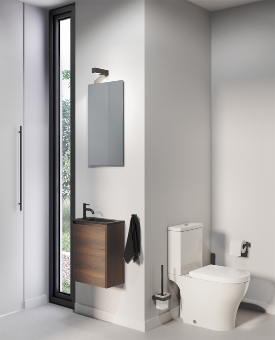 Storke Edge zwevend toiletmeubel 40 x 22 cm notenhout met Fina wastafel in mat kwarts