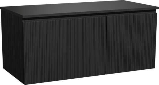 Storke Ribs zwevend badmeubel 110 x 52 cm zwart eiken met Panton enkel wastafelblad in gepoedercoate mdf mat zwart, Verticale asymmetrische rechte ribbel