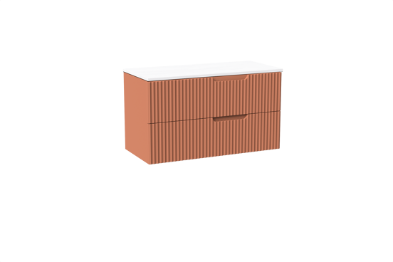 Linie Ribbo meuble salle de bains suspendu 100 x 46 cm cotto avec Lado tablette simple ou double en marbre composite blanc mat, Nervure circulaire symétrique verticale