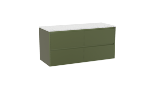 Storke Seda meuble salle de bains suspendu 130 x 52 cm vert olive avec Tavola tablette simple ou double en blanc/noir mat terrazzo