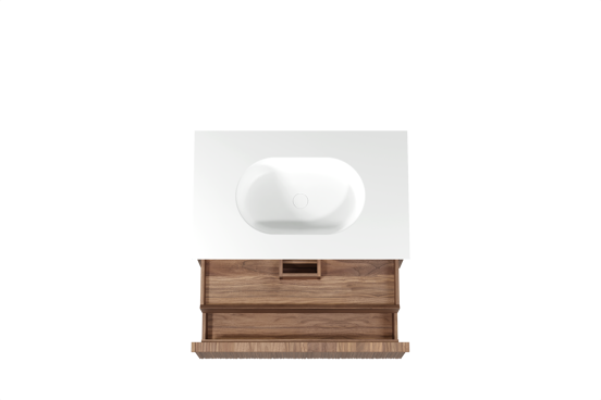 Balmani Forma zwevend badkamermeubel 90 x 55 cm amerikaanse notelaar met Tablo Oval enkele wastafel in solid surface mat wit, Verticale asymmetrische ronde ribbel