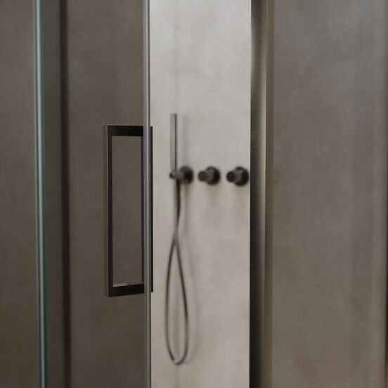 Balmani Senses Design douchehoek met linkse draaideur en vaste zijwand, 100 x 100 cm, Reflex spiegelglas, Brushed GunMetal profielen, met coating