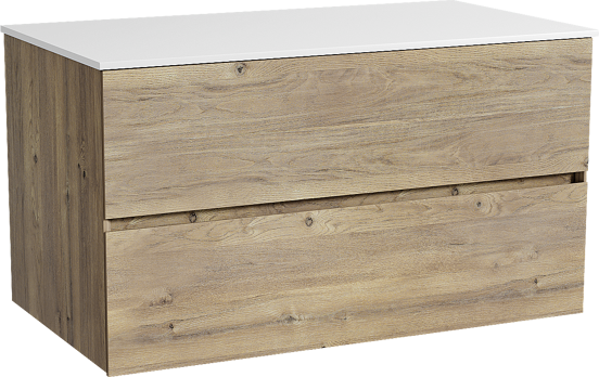 Storke Edge zwevend badkamermeubel 95 x 52 cm ruwe eik met Tavola enkel tablet in solid surface mat wit