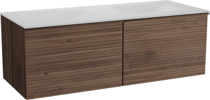 Balmani Forma zwevend badkamermeubel 135 x 55 cm amerikaanse notelaar met Tablo Arcato dubbele wastafel in solid surface mat wit, Horizontale symmetrische rechte ribbel