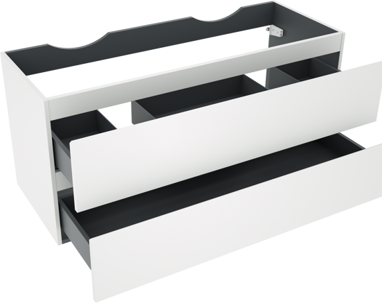 Linie Lado hängender Waschbeckenunterschrank: 120 x 46 cm, Weiß matt, 2 Schubladen, 2 Siphonaussparungen