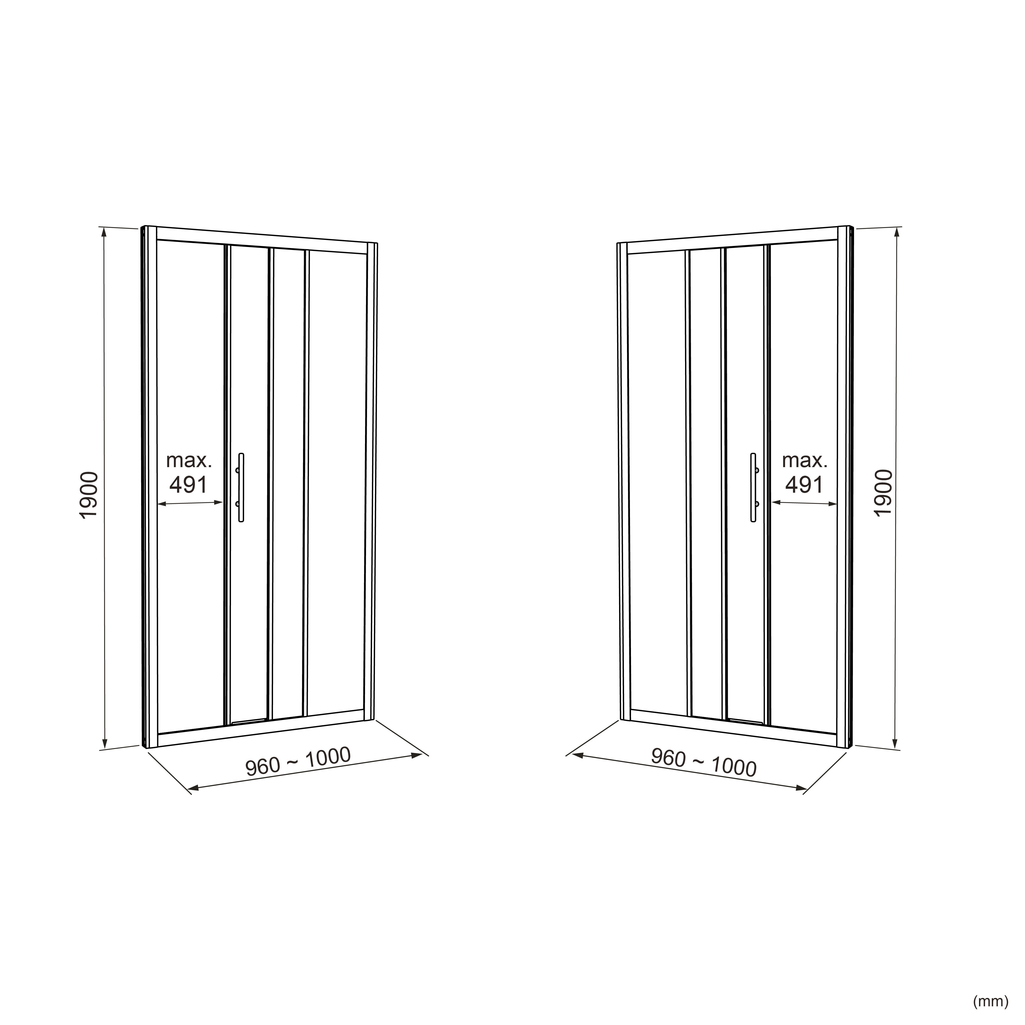 Linie Cadiz driedelige douche schuifdeur 100 cm x 190 cm Helder glas mat zwart profiel