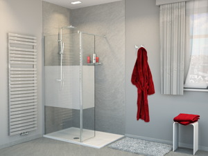 Balmani Move douche à l'italienne avec panneau latéral pivotant 90 x 200 cm verre transparent avec bande mate profil chrome brillant
