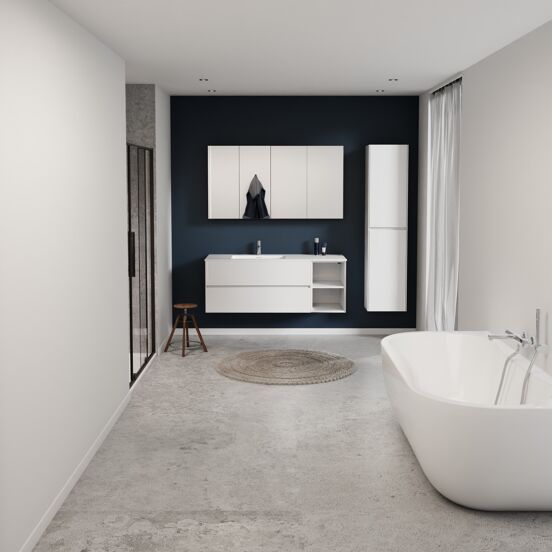 Storke Edge meuble salle de bains suspendu 140 x 52 cm blanc brillant avec Mata plan vasque asymétrique à gauche en solid surface blanc mat