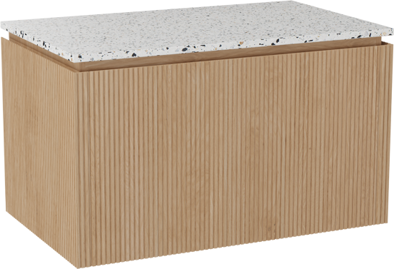 Balmani Eclips meuble salle de bains suspendu 90 x 55 cm Chêne naturelle avec Stretto tablette simple en Bianco Nero Terrazzo, Nervure droite symétrique verticale
