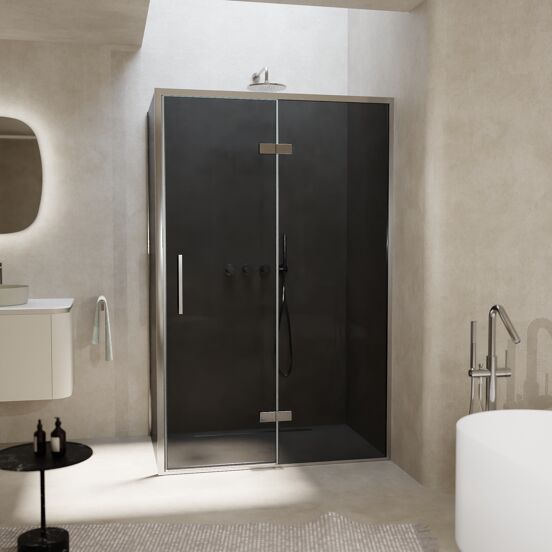 Balmani Senses Design douchehoek met rechtse draaideur en vaste zijwand, 120 x 100 cm, Rookglas, Chroom profielen, met coating