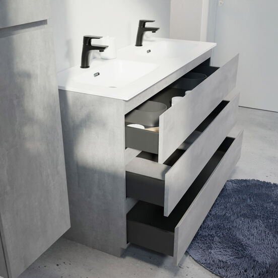 Linie Lado meuble salle de bains à poser 120 x 46 cm béton gris foncé avec Baro double vasque en porcelaine blanc mat