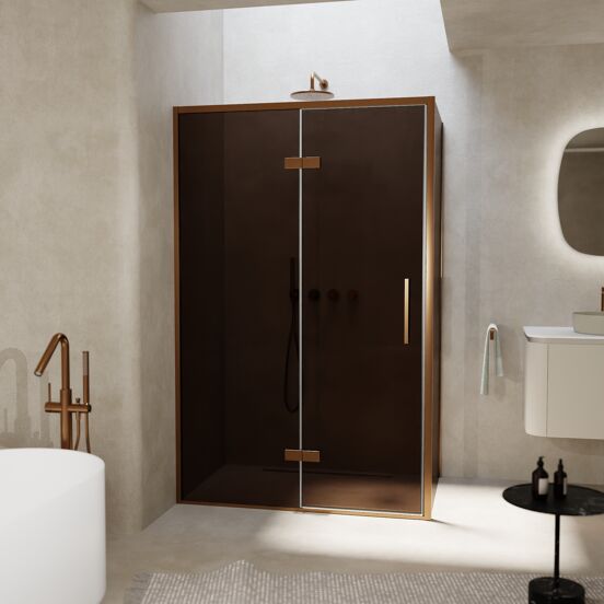 Balmani Senses Design douchehoek met linkse draaideur en vaste zijwand, 120 x 100 cm, Brons, Brushed Rosegold profielen, met coating