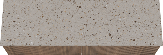 Balmani Forma hängendes Möbelstück Set: 180 x 55 cm, Amerikanischer Nussbaum, mit Stretto Einzel- oder Doppel Waschtischplatte, Terrazzo in Greige, Vertikale symmetrische gerade Rippe