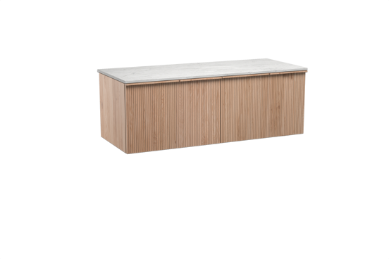 Balmani Forma zwevend badkamermeubel 135 x 55 cm natuur eik met Stretto enkel of dubbel tablet in marmer carrara, Verticale symmetrische rechte ribbel