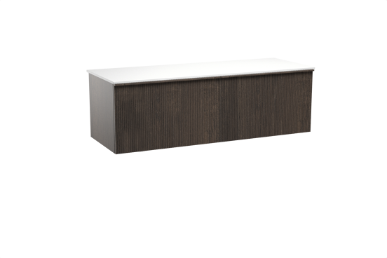 Balmani Forma hängendes Möbelstück Set: 150 x 55 cm, Geräucherte Eiche, mit Stretto Einzel- oder Doppel Waschtischplatte, Solid Surface, Weiß matt, Vertikale symmetrische gerade Rippe