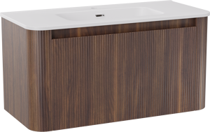 Storke Soft zwevend badkamermeubel 100 x 46 cm notelaar met Kera Soft enkele wastafel in porselein mat wit, Verticale symmetrische rechte ribbel