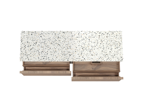 Balmani Forma zwevend badkamermeubel 180 x 55 cm amerikaanse notelaar met Stretto enkel of dubbel tablet in mat wit/zwart terrazzo, Horizontale symmetrische rechte ribbel