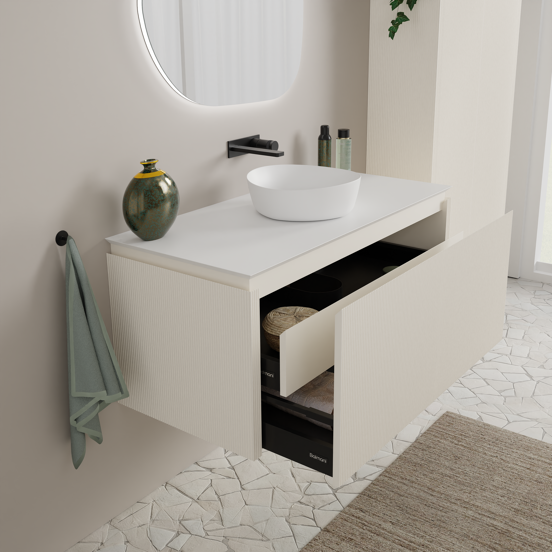 Balmani Eclips meuble salle de bains suspendu 120 x 55 cm Sandbeige avec Eclips tablette simple ou double en Solid Surface blanc mat, Nervure droite symétrique verticale