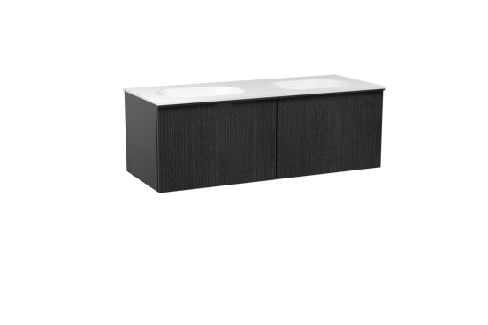 Balmani Forma meuble salle de bains suspendu 135 x 55 cm chêne noir avec Tablo Oval double vasque en solid surface blanc mat, Nervure droite symétrique verticale