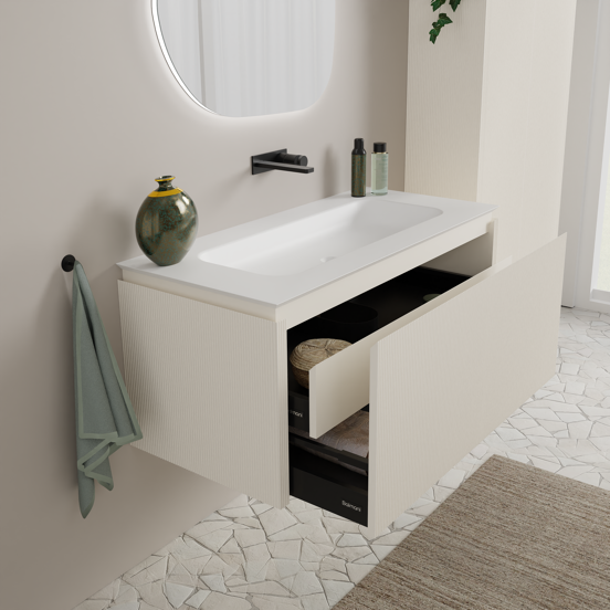 Balmani Eclips zwevend badkamermeubel 120 x 55 cm Sandbeige met Eclips enkele wastafel in Solid Surface mat wit, Verticale symmetrische rechte ribbel