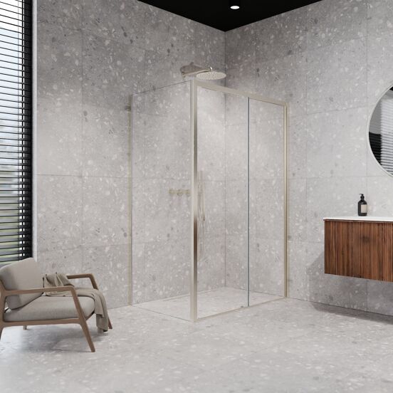 Balmani Senses Design douchehoek met rechtse schuifdeur en vaste zijwand, 180 x 100 cm, Helder glas, Brushed CoolMetal profielen