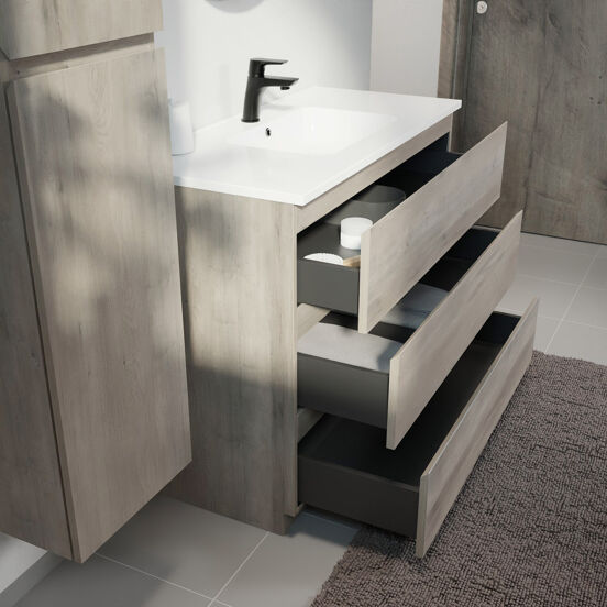 Linie Lado staand badmeubel 100 x 46 cm grijs eiken met Vano enkele wastafel in composietmarmer hoogglans wit