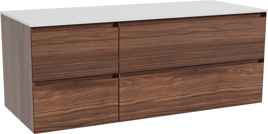 Balmani Mitra hängendes Möbelstück Set: 135 x 55 cm, Nussbaum, mit Stretto Einzel- oder Doppel Waschtischplatte, Solid Surface Weiß matt
