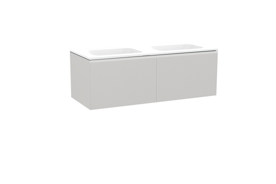 Balmani Fila zwevend badkamermeubel 135 x 55 cm mat wit met Tablo Strada dubbele wastafel in composietmarmer mat wit, Verticale symmetrische rechte ribbel