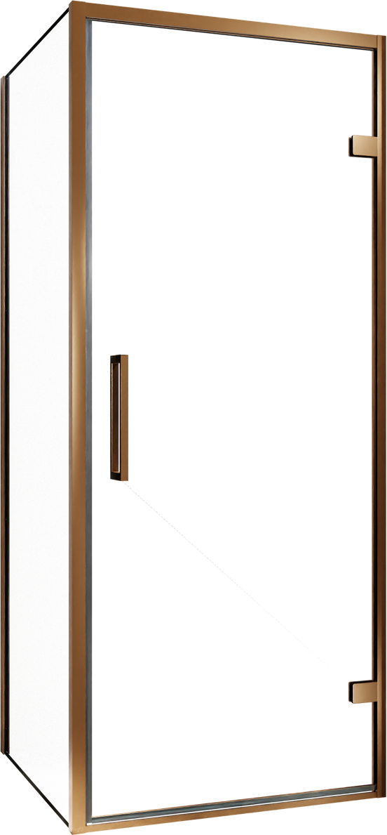 Balmani Senses Design douchecabine met rechtse draaideur en vaste zijwand, 90 x 100 cm, Helder glas, Brushed Rosegold profielen