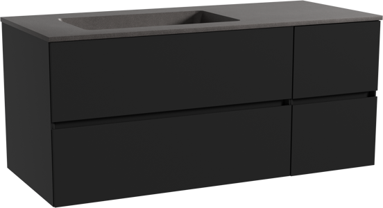Storke Edge zwevend badmeubel 120 x 52 cm mat zwart met Scuro asymmetrisch linkse wastafel in kwarts mat zwart