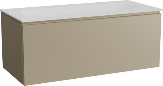 Balmani Sfera zwevend badkamermeubel 120 x 55 cm dune met Tablo Oval enkele wastafel voor 2 kraangaten in solid surface mat wit