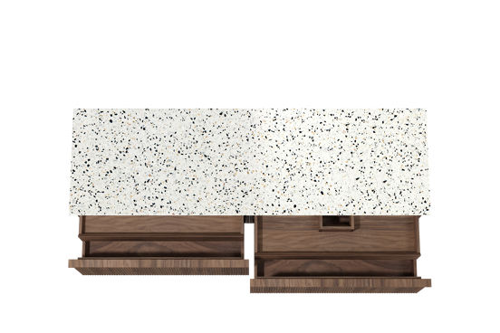 Balmani Forma hängendes Möbelstück Set: 180 x 55 cm, Amerikanischer Nussbaum, mit Stretto Einzel- oder Doppel Waschtischplatte, Terrazzo in Weiß/Schwarz matt, Vertikale symmetrische gerade Rippe